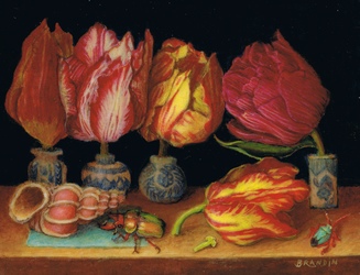Still life tulips, seashell and beetles