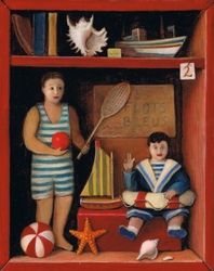 miniature with two antique dolls and beach toys in a beach cabin