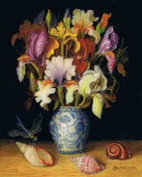 miniature painting with sea shells and iris bouquet in chinese porcelain vase