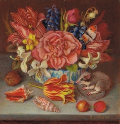 Bouquet with a rose and tulips, seashells, cherries and a dormouse
