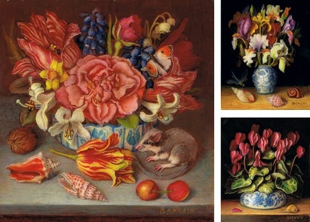 miniature paintings of bouquets, still lifes with flowers