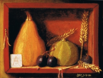 Miniature still life with gourds, grape and wheat corn