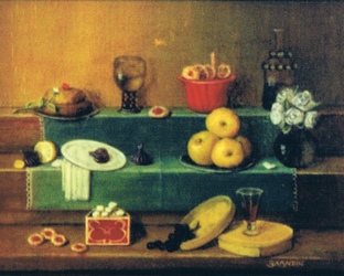 Still life with dessert: cakes, fruits and wine