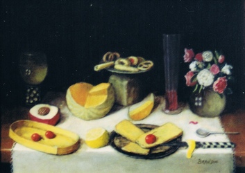 Table with strawberries, melon, cakes on a tin plate and a bouquet of roses in a vase
