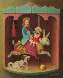 Girl with a doll, sitting on a wooden rabbit in a carousel