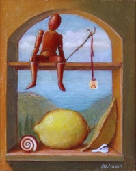 miniature with wooden dummy, lemon fruit and a snail