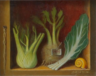 Sill life in the "bodegon" style, with fennel, celery, chard leaf and a snail.
