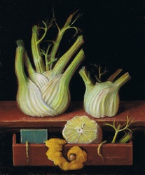 Miniature painting: still life with fennels and lemon fruit in a drawer