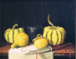 Still life with colocynth ( gourd ), a blue glass and a knife