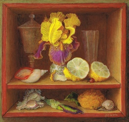 Still life with iris flower and lemons