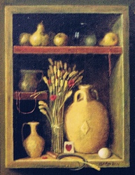 Still life of a wall niche with a clay pot, a sickle, wheat heads and a sickle