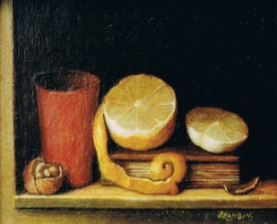Still life with lemon fruit, a book and wallnuts