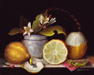 Sill life with lemon fruits and flowers, porcelain cup and a cricket