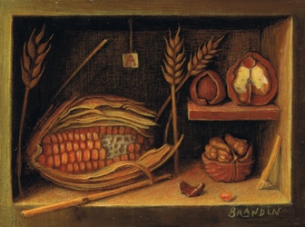 Still life with corn cob, wheat and walnuts
