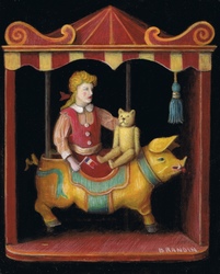 Antique doll with teddy bear riding a merry-go-round pig