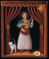 Miniature painting of an antique musician doll with a white cat