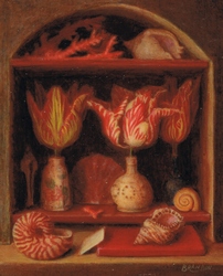 Still life with nautilus shell and tulips