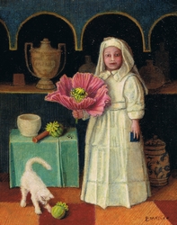 miniature portrait of an apothecary holding a giant poppy flower