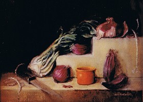 Still life bodegon style with shallots, fennel and a knife