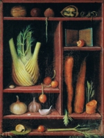 Shelf with vegetable: fennel, onions, garlic, carrot, walnuts and a snail