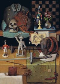 Still life with spades, miniature napoleonian soldiers, chess board and skull