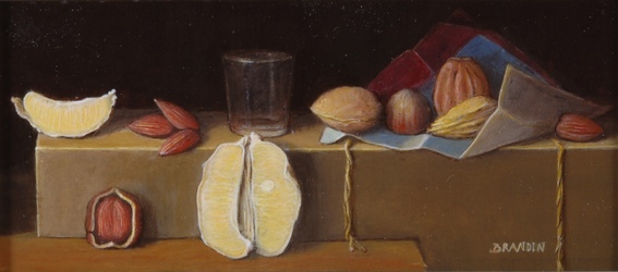 Still life with lemon, wallnuts, nuts, almond.