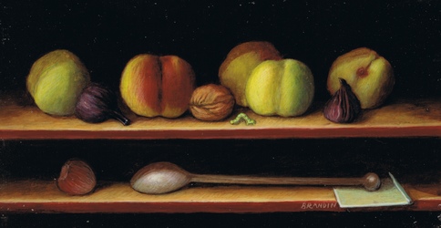 Miniature still llife with peaches and a spoon