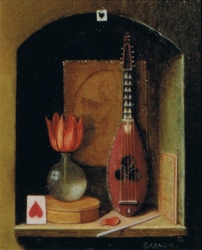 Miniature painting of a wall niche with with a tulip in a glass vase, musical instrument and heart patterns
