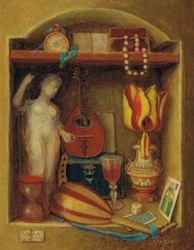 Nature morte-vanit avec statuette de femme, luth, sablier, montre, bijoux et tulipe dans un vase prcieux.