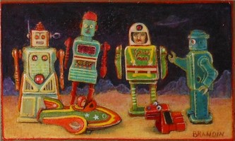 vintage robot toys on a lunar landscape