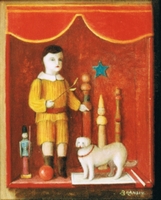 Wooden antique toys still life: bowling pins, doll, wooden soldier and white dog